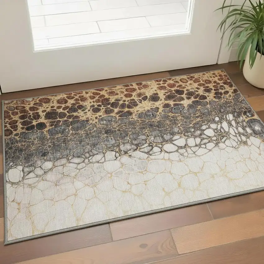 Ivory Gray And Gold Abstract Washable Area Rug With UV Protection Photo 3