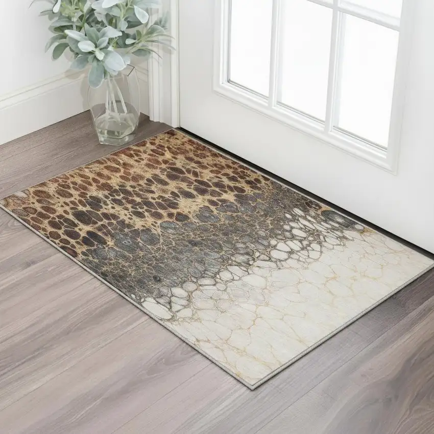 Ivory Gray And Gold Abstract Washable Area Rug With UV Protection Photo 2