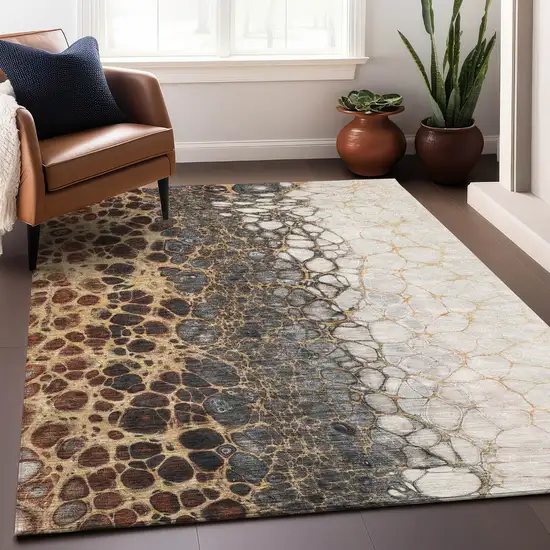Ivory Gray And Gold Abstract Washable Area Rug With UV Protection Photo 6