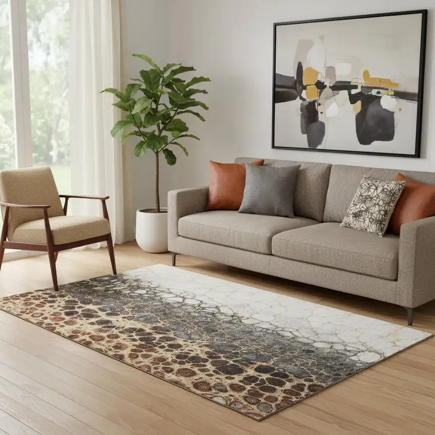 Ivory Gray And Gold Abstract Washable Area Rug With UV Protection Photo 1