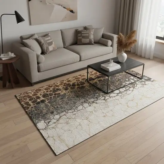 Ivory Gray And Gold Abstract Washable Area Rug With UV Protection Photo 1