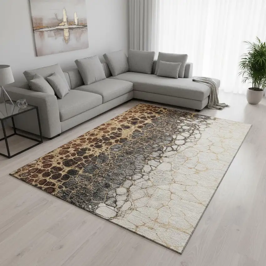 Ivory Gray And Gold Abstract Washable Area Rug With UV Protection Photo 1
