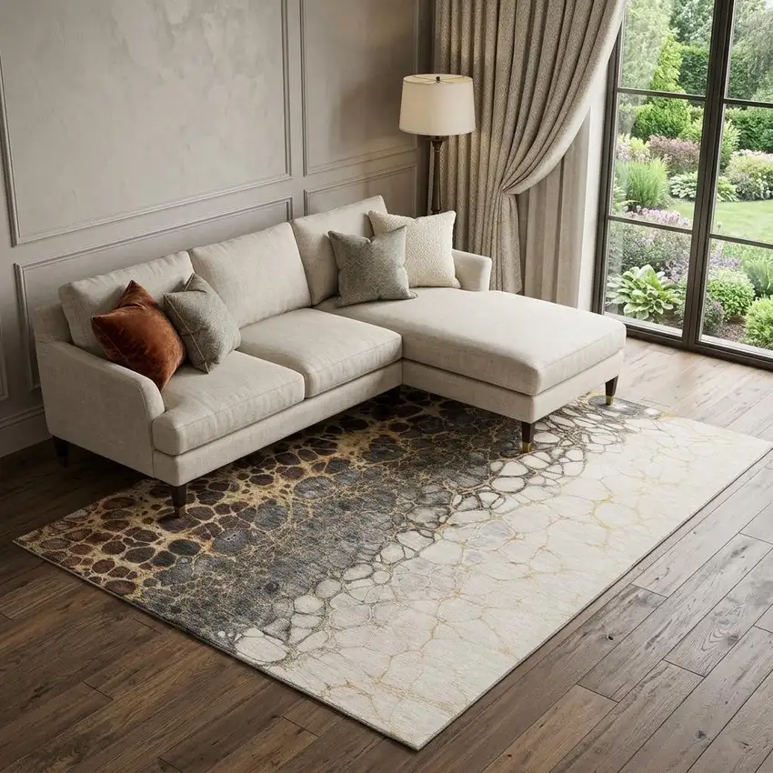 Ivory Gray And Gold Abstract Distressed Washable Area Rug With UV Protection Photo 1