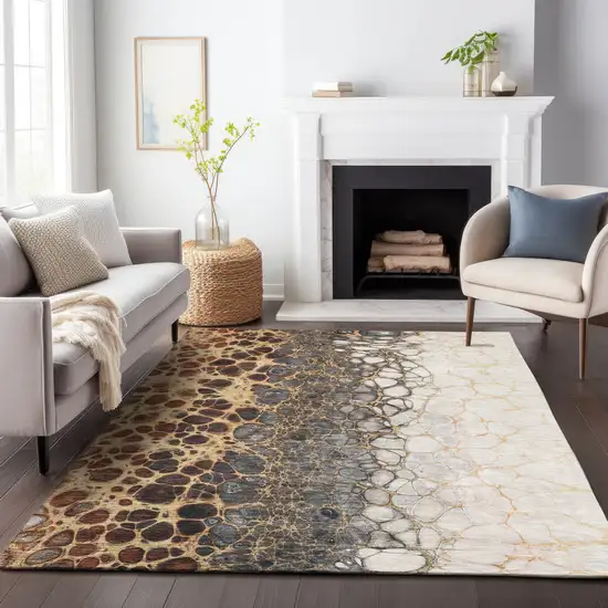 Ivory Gray And Gold Abstract Washable Area Rug With UV Protection Photo 5