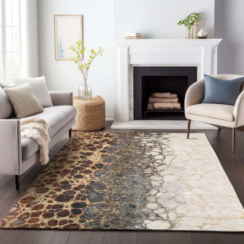 Ivory Gray And Gold Abstract Washable Area Rug With UV Protection Photo 5