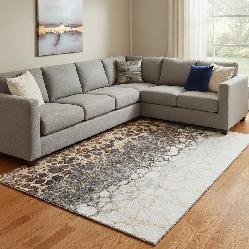 Ivory Gray And Gold Abstract Washable Area Rug With UV Protection Photo 1