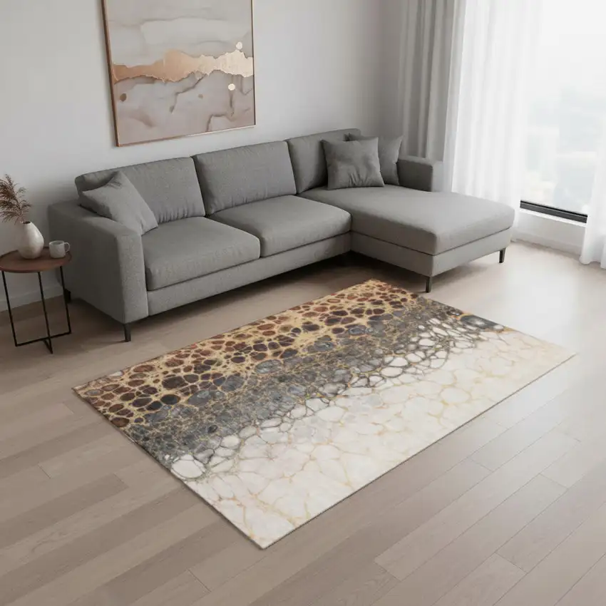 Ivory Gray And Gold Abstract Washable Area Rug With UV Protection Photo 1