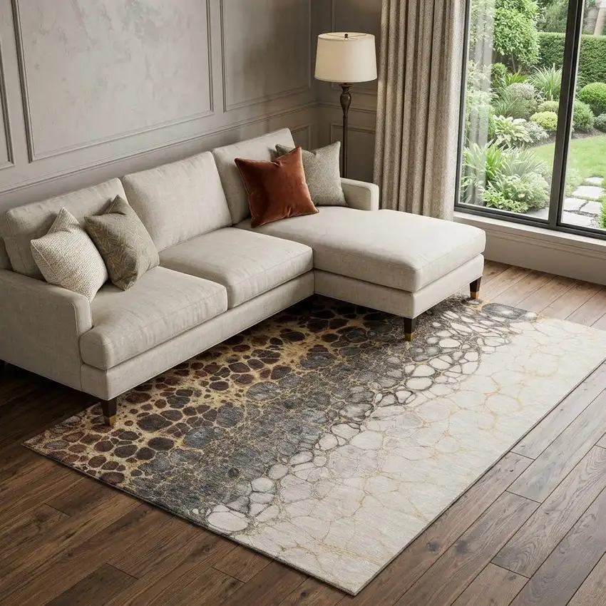 Ivory Gray And Gold Abstract Distressed Washable Area Rug With UV Protection Photo 1