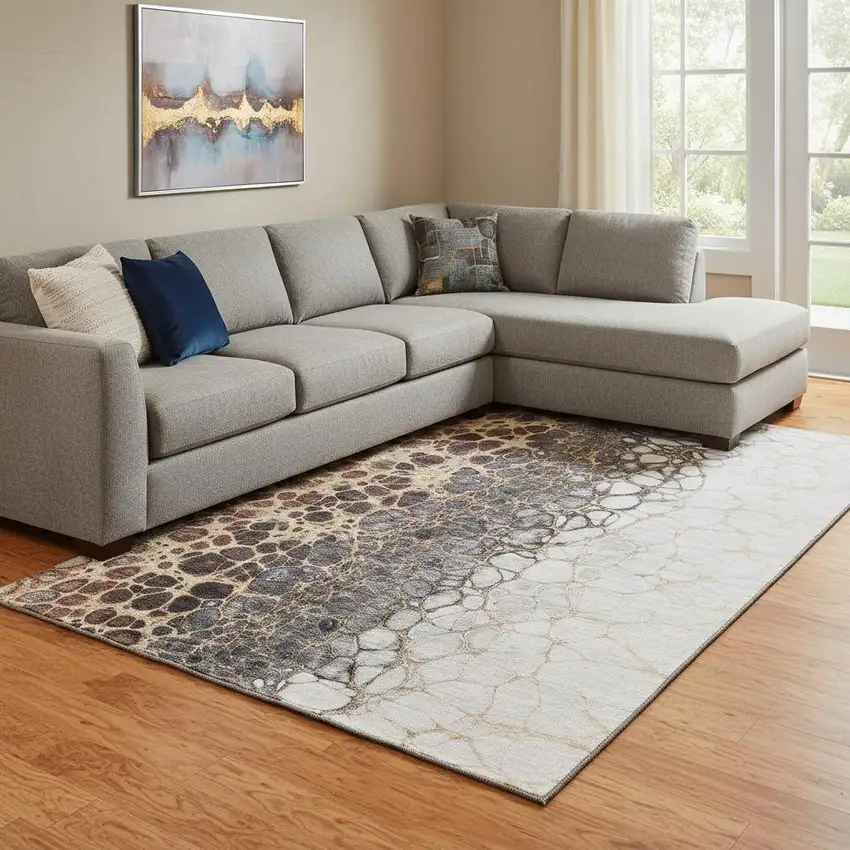 Ivory Gray And Gold Abstract Washable Area Rug With UV Protection Photo 1