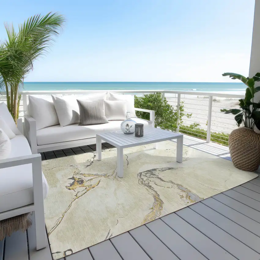 Ivory Gray And Gold Abstract Washable Indoor Outdoor Area Rug Photo 9
