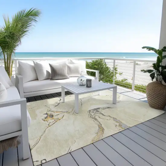 Ivory Gray And Gold Abstract Washable Indoor Outdoor Area Rug Photo 9