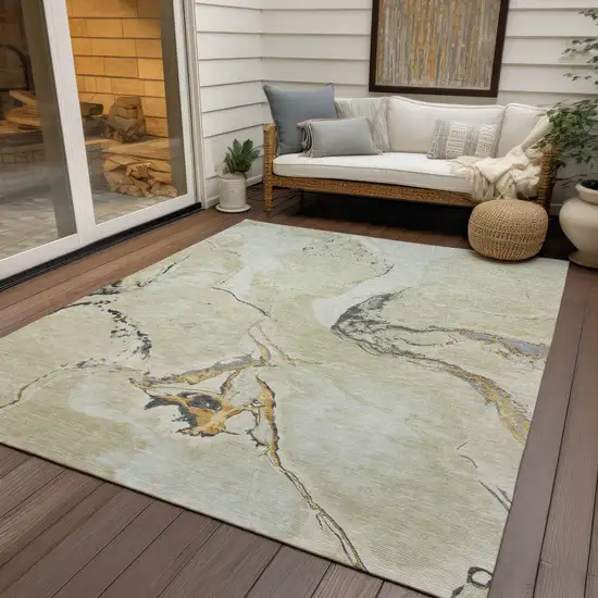 Ivory Gray And Gold Abstract Washable Indoor Outdoor Area Rug Photo 7