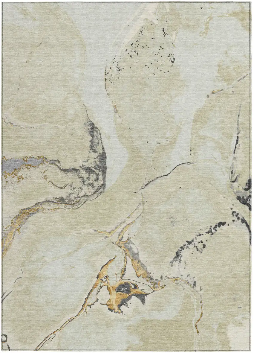 Ivory Gray And Gold Abstract Washable Indoor Outdoor Area Rug Photo 6