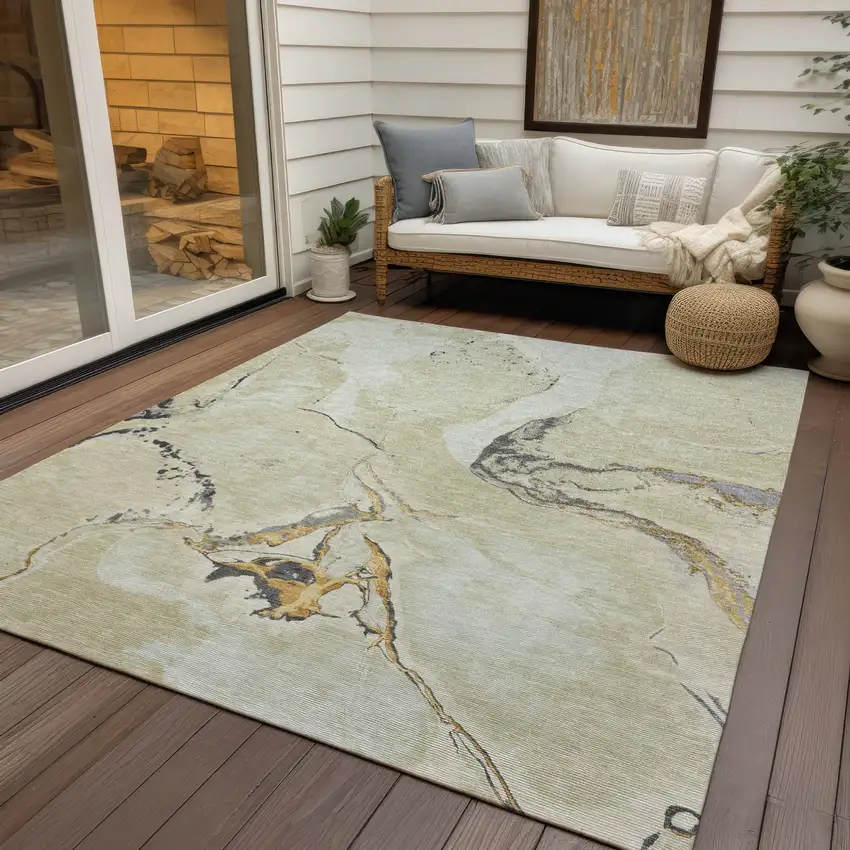 Ivory Gray And Gold Abstract Washable Indoor Outdoor Area Rug Photo 7