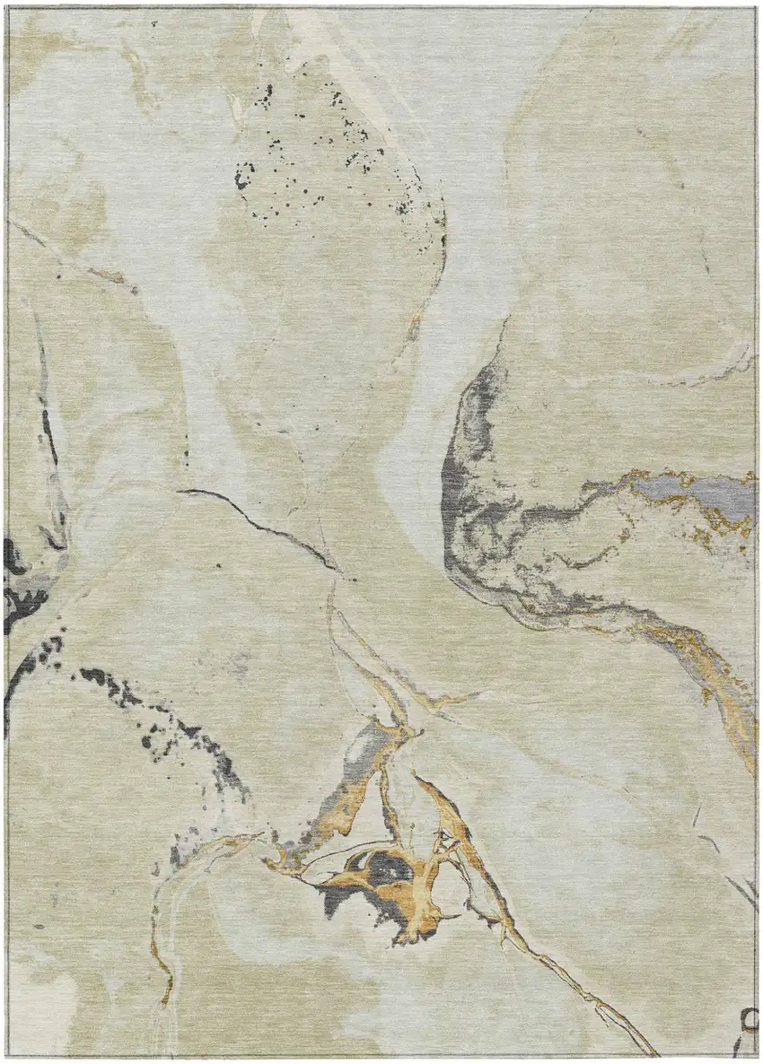 Ivory Gray And Gold Abstract Washable Indoor Outdoor Area Rug Photo 2