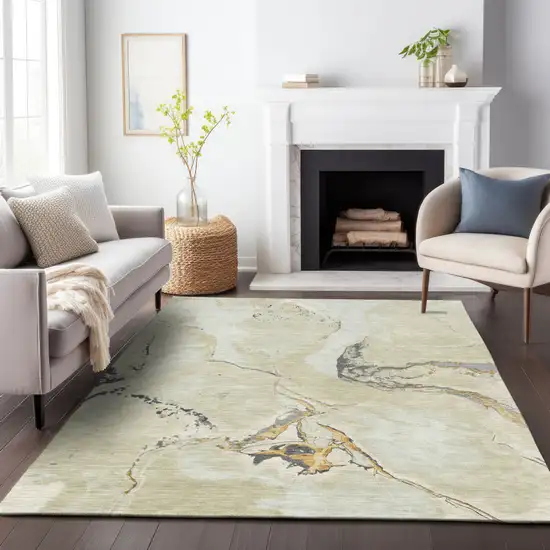 Ivory Gray And Gold Abstract Washable Indoor Outdoor Area Rug Photo 8