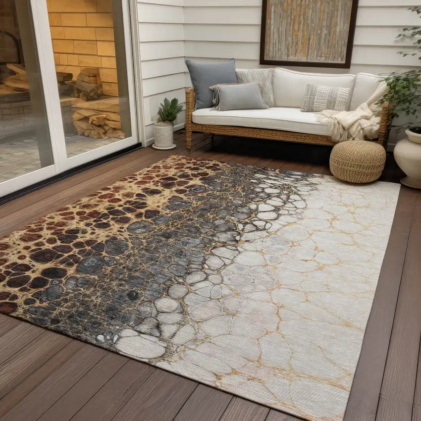 Ivory Gray And Gold Abstract Washable Indoor Outdoor Area Rug Photo 7