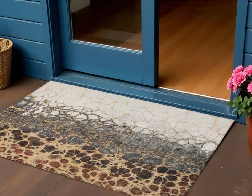 Ivory Gray And Gold Abstract Washable Indoor Outdoor Area Rug Photo 1
