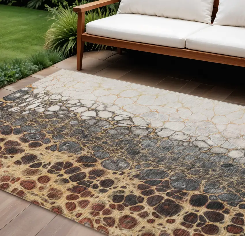 Ivory Gray And Gold Abstract Washable Indoor Outdoor Area Rug Photo 1