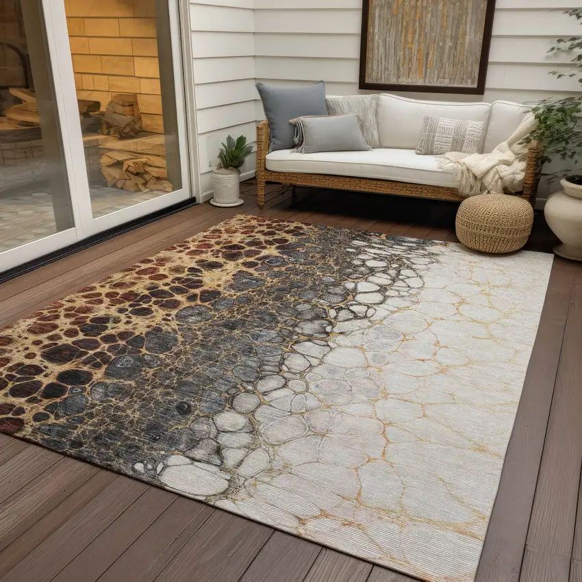Ivory Gray And Gold Abstract Washable Indoor Outdoor Area Rug Photo 7