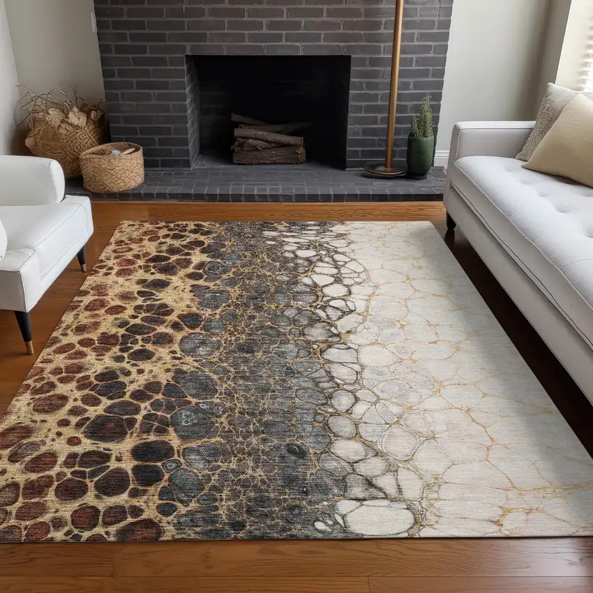 Ivory Gray And Gold Abstract Washable Indoor Outdoor Area Rug Photo 8