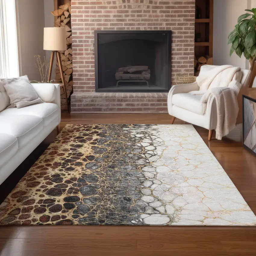 Ivory Gray And Gold Abstract Washable Indoor Outdoor Area Rug Photo 9