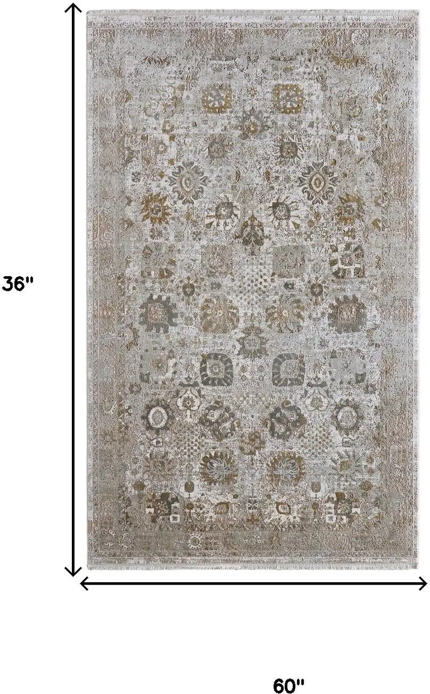 Ivory Gray And Gold Floral Area Rug With Fringe Photo 3