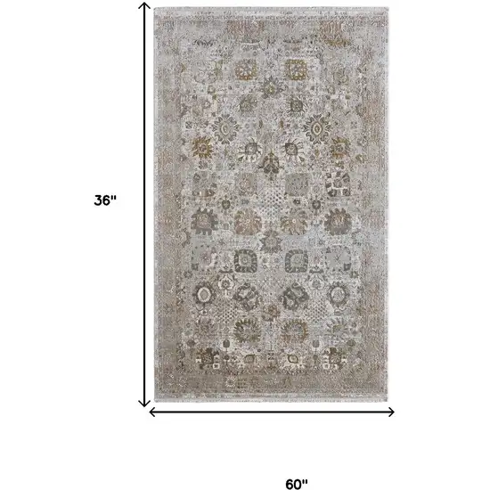 Ivory Gray And Gold Floral Area Rug With Fringe Photo 3