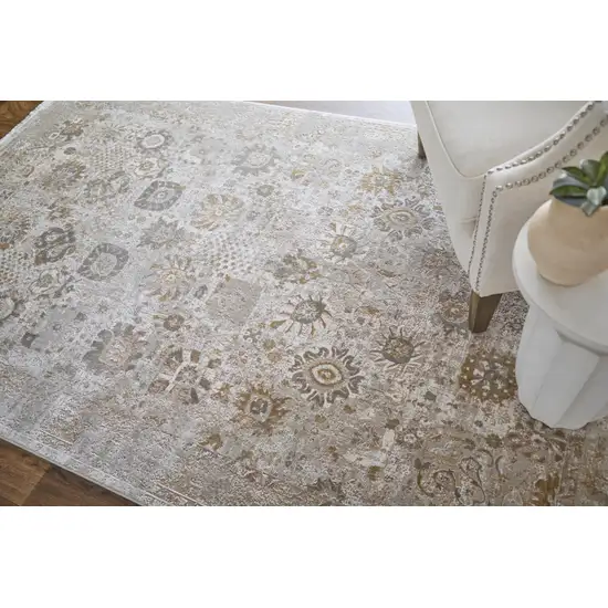 Ivory Gray And Gold Floral Area Rug With Fringe Photo 6