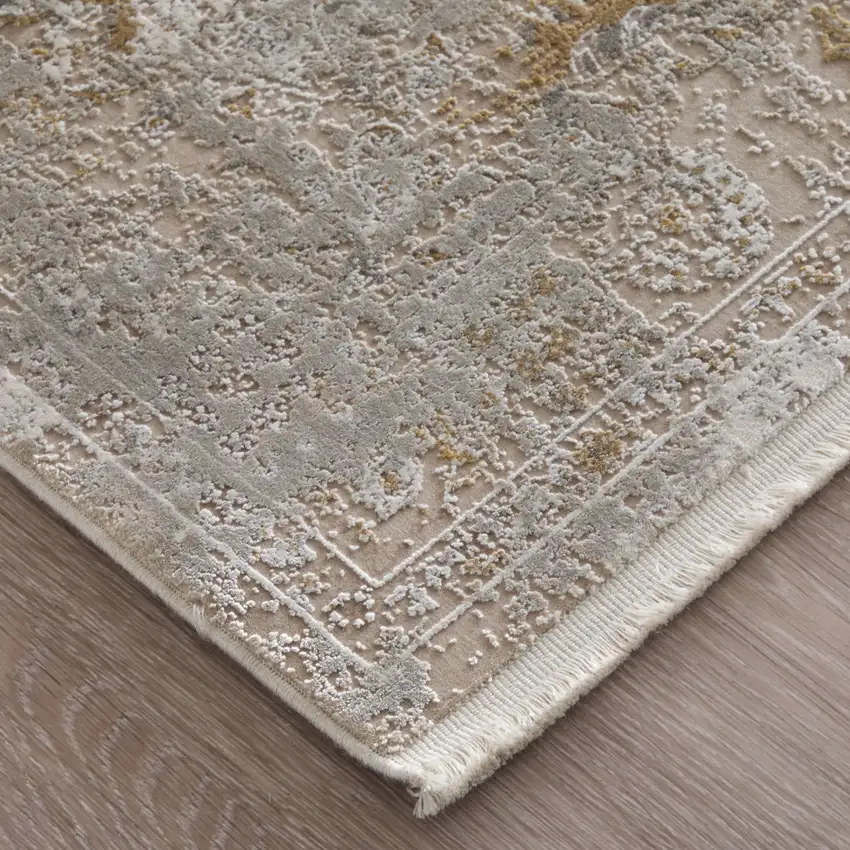 Ivory Gray And Gold Floral Area Rug With Fringe Photo 8