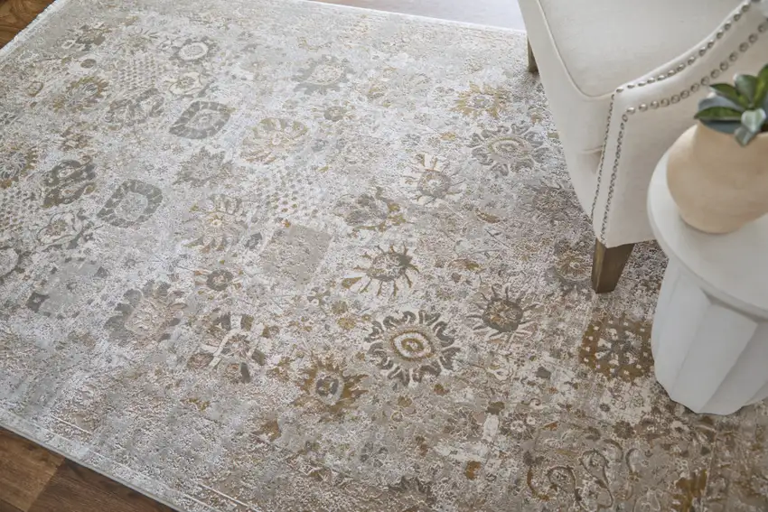 Ivory Gray And Gold Floral Area Rug With Fringe Photo 7