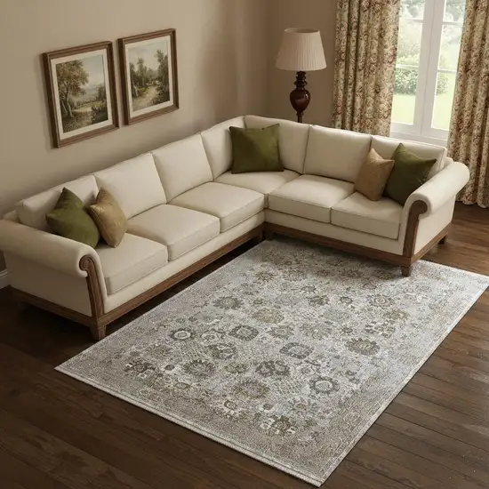 Ivory Gray And Gold Floral Area Rug With Fringe Photo 1