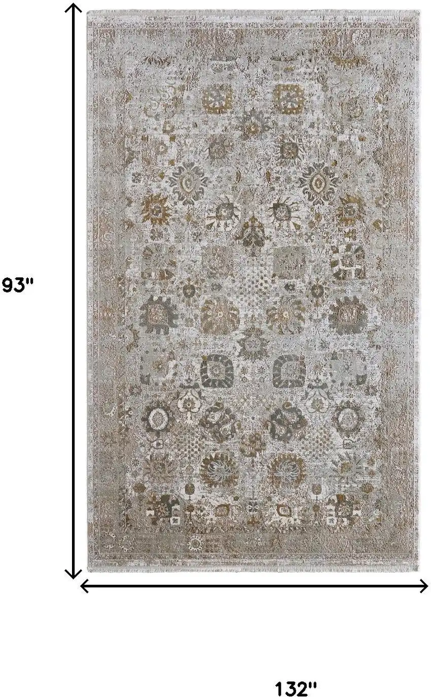 Ivory Gray And Gold Floral Area Rug With Fringe Photo 3