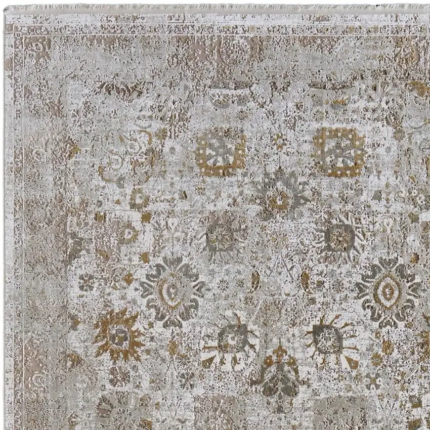Ivory Gray And Gold Floral Area Rug With Fringe Photo 4