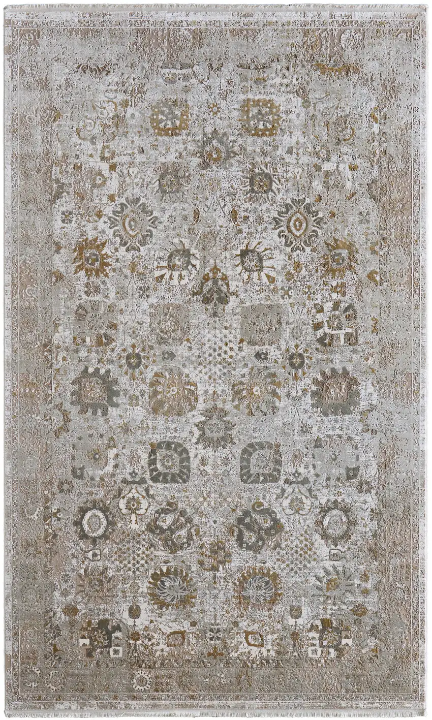 Ivory Gray And Gold Floral Area Rug With Fringe Photo 2