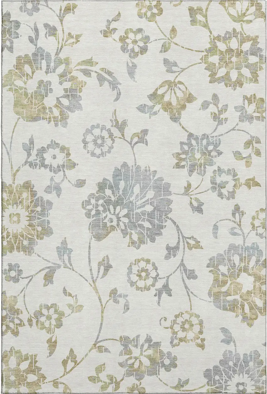 Ivory Gray And Gold Floral Washable Area Rug With UV Protection Photo 2