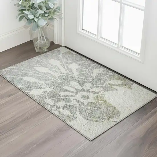 Ivory Gray And Gold Floral Washable Area Rug With UV Protection Photo 2