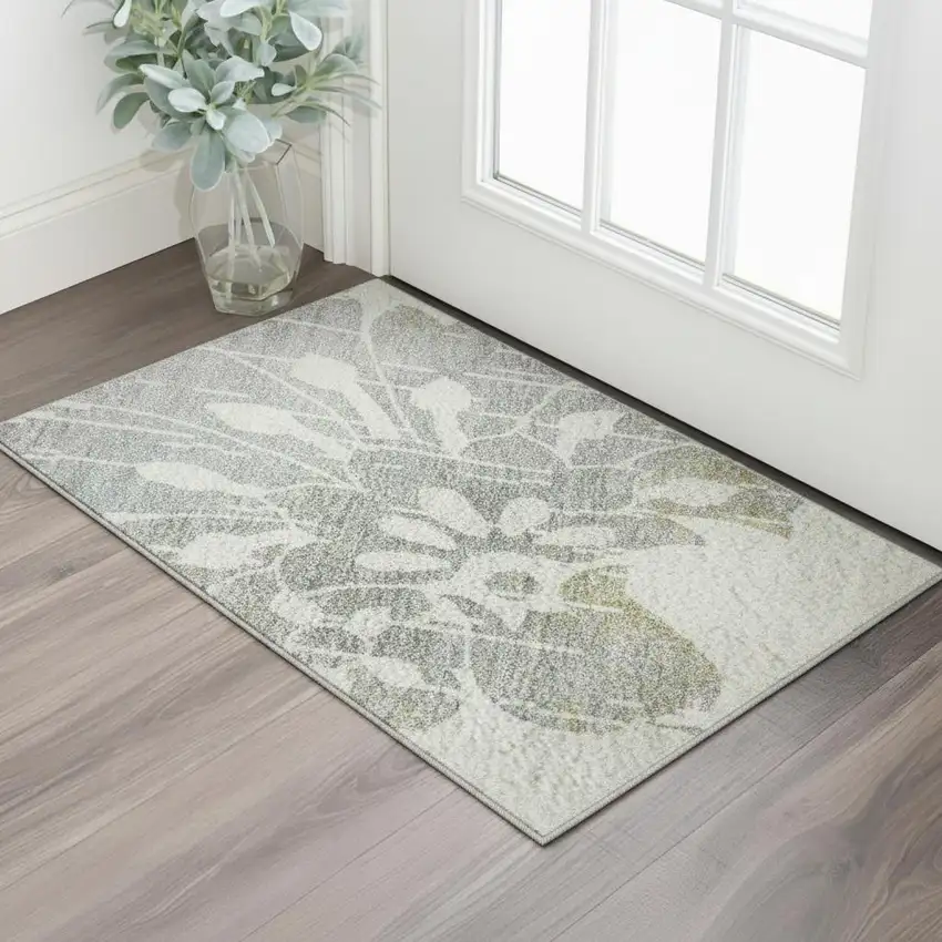 Ivory Gray And Gold Floral Washable Area Rug With UV Protection Photo 2