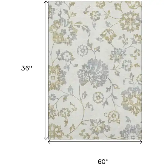 Ivory Gray And Gold Floral Washable Area Rug With UV Protection Photo 3