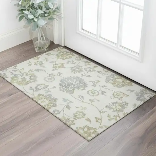 Ivory Gray And Gold Floral Washable Area Rug With UV Protection Photo 1