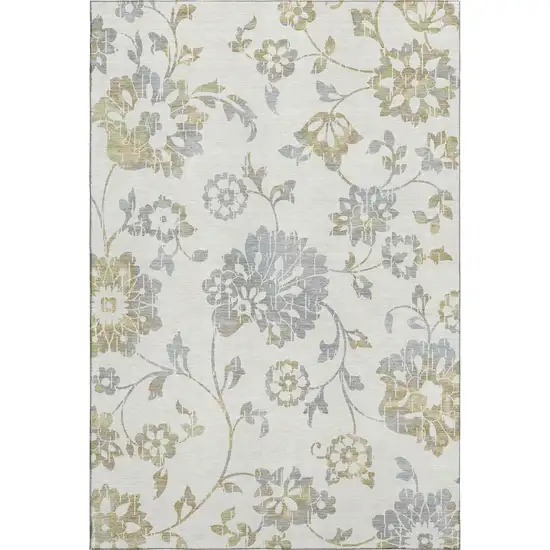 Ivory Gray And Gold Floral Washable Area Rug With UV Protection Photo 5
