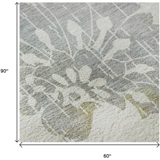 Ivory Gray And Gold Floral Washable Area Rug With UV Protection Photo 9