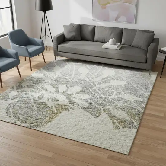 Ivory Gray And Gold Floral Washable Area Rug With UV Protection Photo 2