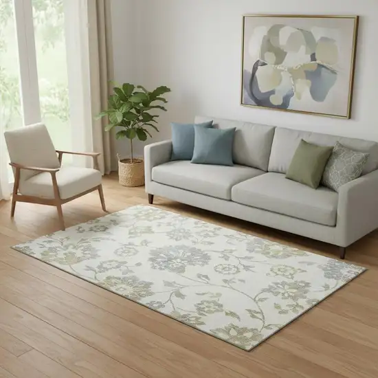 Ivory Gray And Gold Floral Washable Area Rug With UV Protection Photo 1