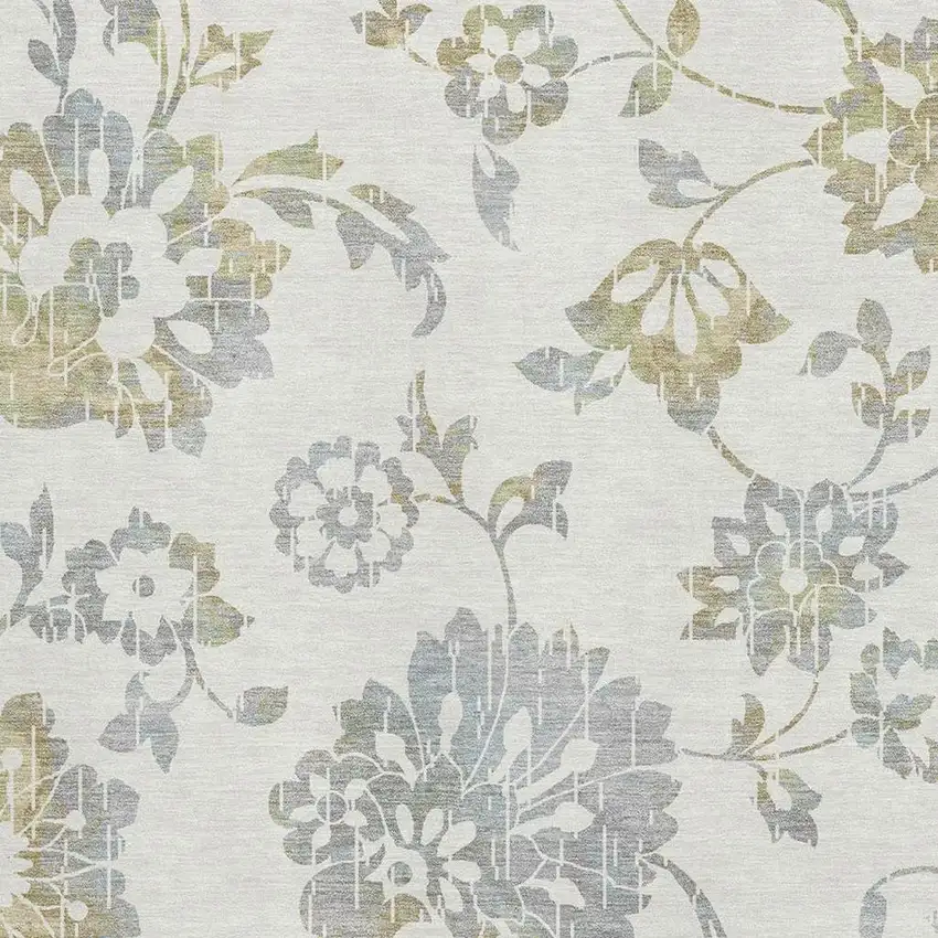 Ivory Gray And Gold Floral Washable Area Rug With UV Protection Photo 3