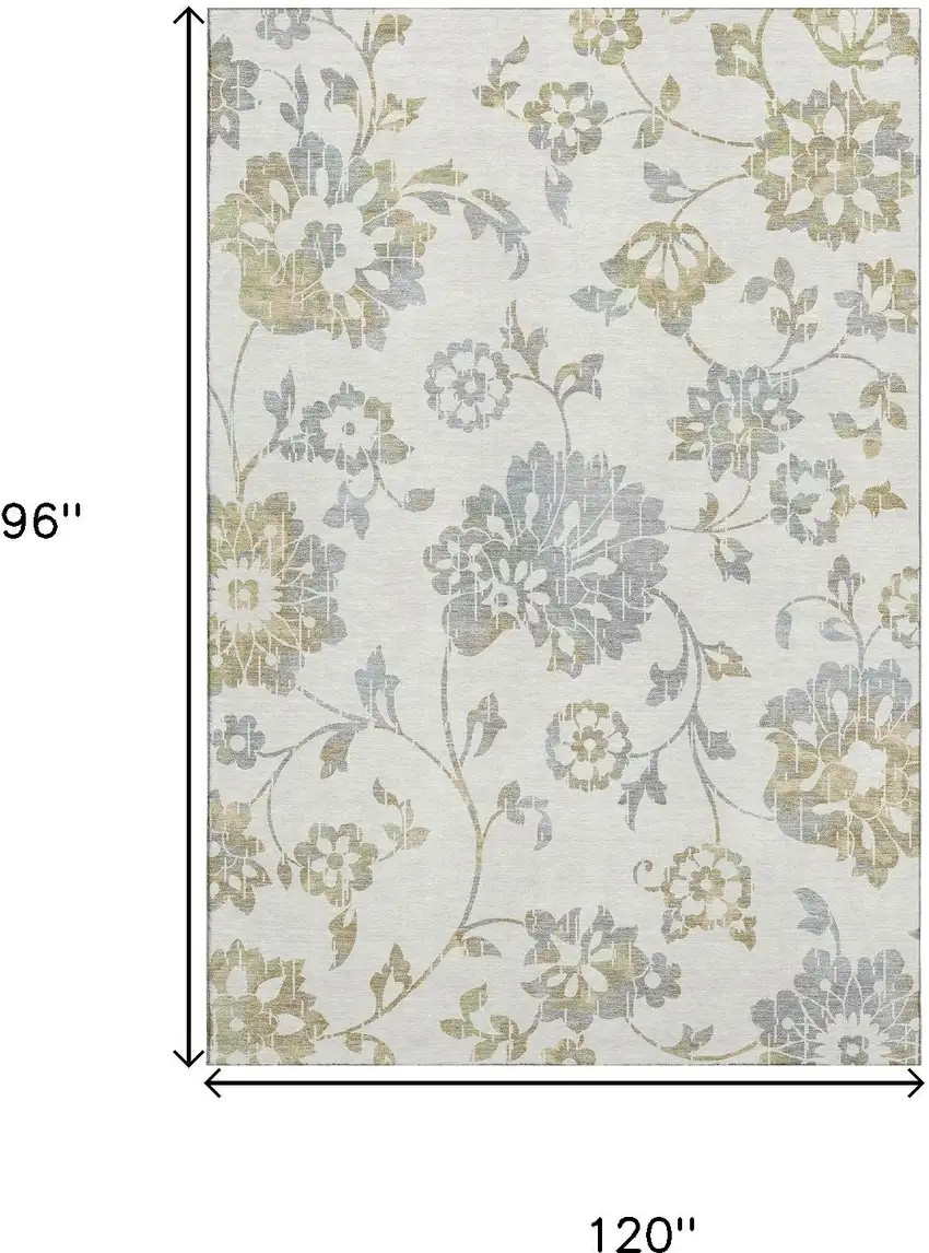Ivory Gray And Gold Floral Washable Area Rug With UV Protection Photo 7