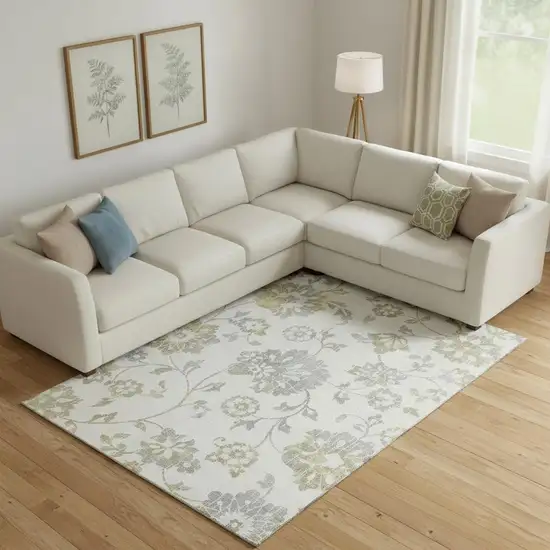 Ivory Gray And Gold Floral Washable Area Rug With UV Protection Photo 1