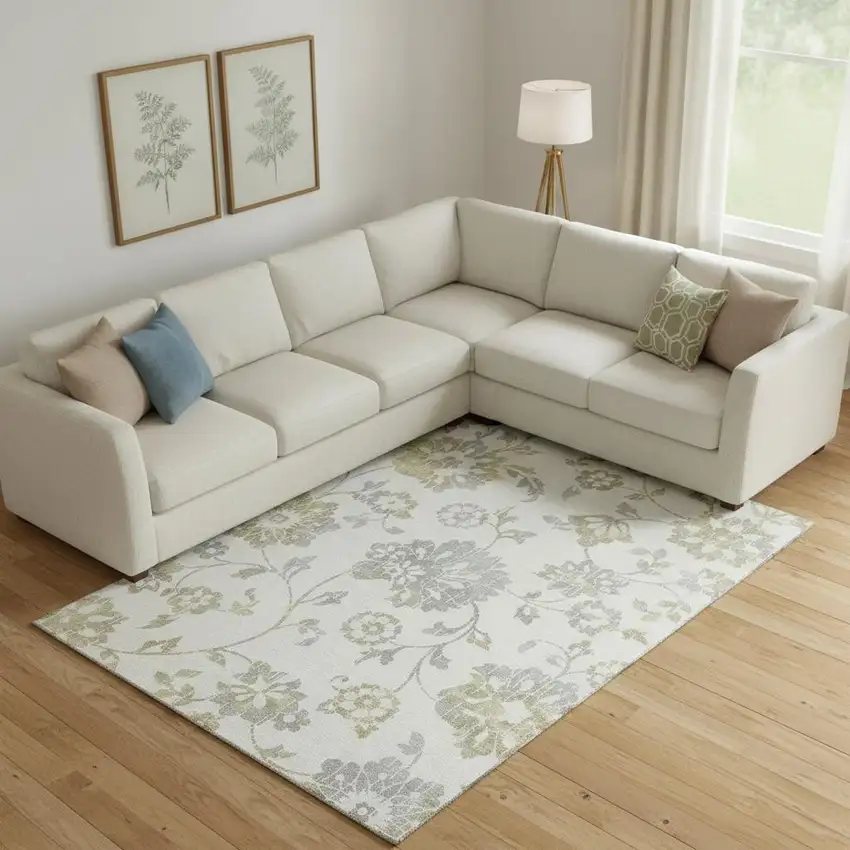 Ivory Gray And Gold Floral Washable Area Rug With UV Protection Photo 1