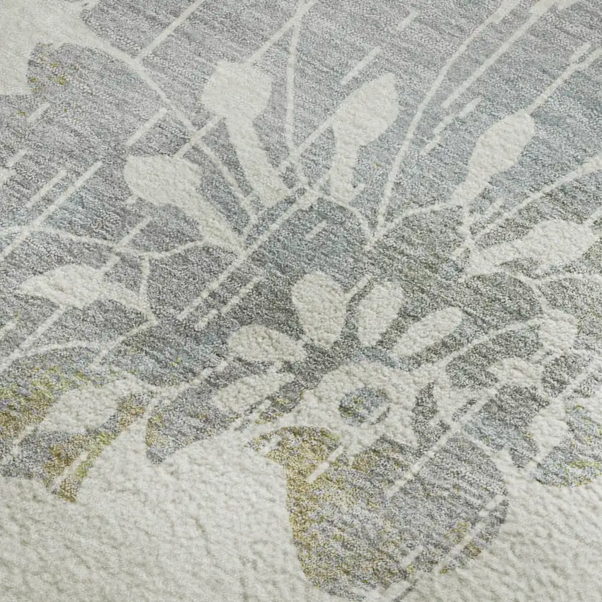 Ivory Gray And Gold Floral Washable Area Rug With UV Protection Photo 3