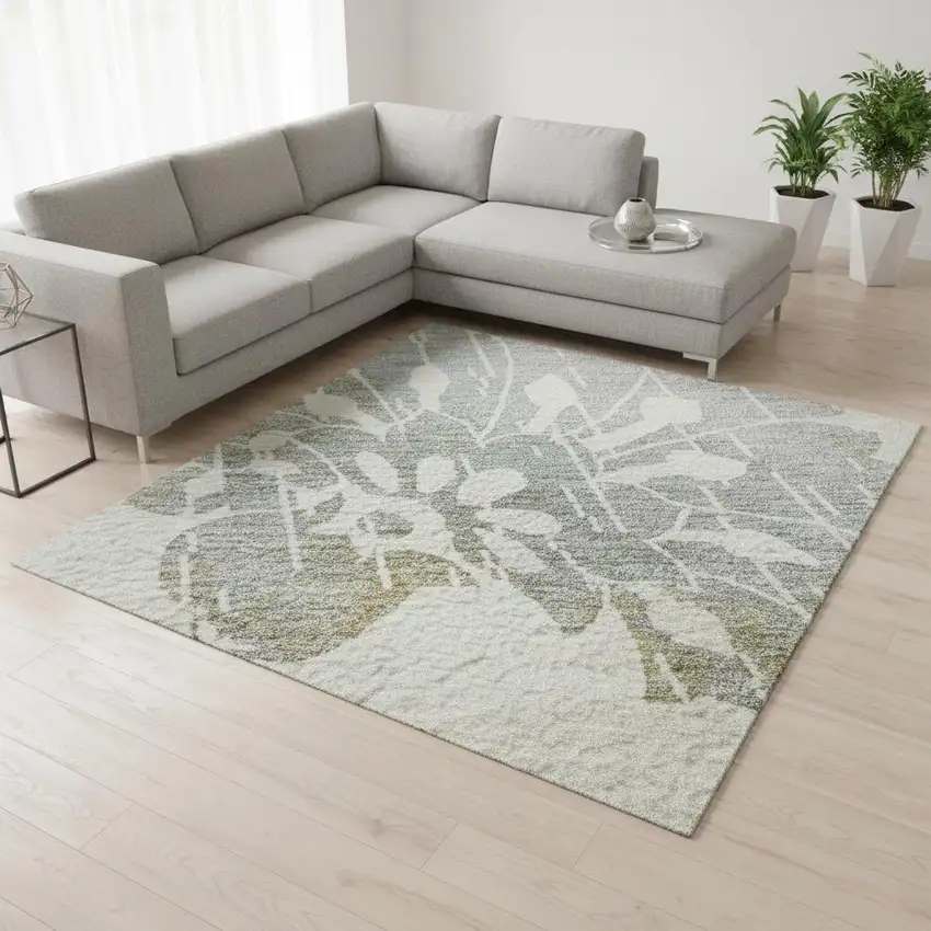 Ivory Gray And Gold Floral Washable Area Rug With UV Protection Photo 2
